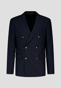 Marineblauwe dubbelbreasted blazer met gouden knopen, gewone revers en een slank ontwerp. Heeft twee voorkeurszakken en een zachte textuur.