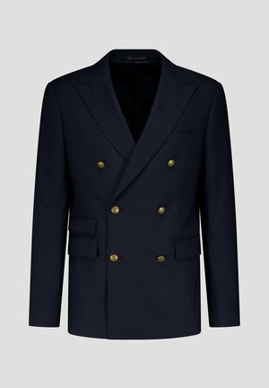 Marineblauwe dubbelbreasted blazer met gouden knopen, gewone revers en een slank ontwerp. Heeft twee voorkeurszakken en een zachte textuur.