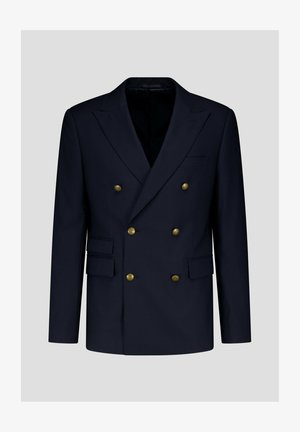 Marineblauwe dubbelbreasted blazer met gouden knopen, gewone revers en een slank ontwerp. Heeft twee voorkeurszakken en een zachte textuur.