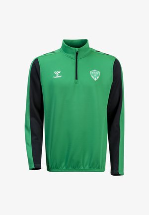 Groene en zwarte atletische pullover met lange mouwen en een ritskraag, voorzien van een logo en contrasterende zwarte mouwen, gemaakt van ademend materiaal.