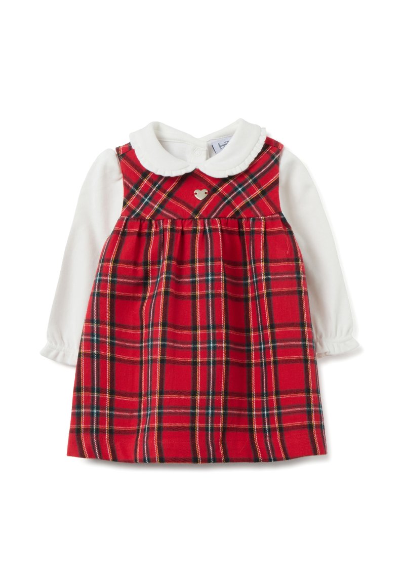 Vestido de cuadros rojos con mangas largas blancas, cuello redondeado y un pequeño detalle en forma de corazón. La tela es suave con una textura lisa.