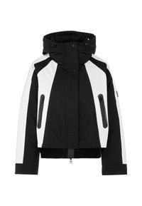 Schwarz-weiße Jacke mit hohem Kragen, Reißverschlusstaschen und taillierter Passform. Hergestellt aus einem glatten, wasserabweisenden Material.