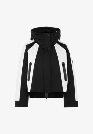 Schwarz-weiße Jacke mit hohem Kragen, Reißverschlusstaschen und taillierter Passform. Hergestellt aus einem glatten, wasserabweisenden Material.