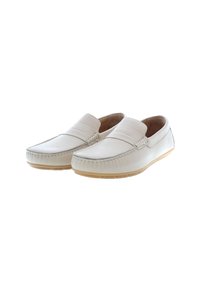 White leather slip-on shoes with a textured surface, featuring a stitched toe design and rubber outsole for grip.
