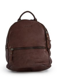 Dunkelbrauner Leder-Rucksack mit Tragegriff oben, Vorderreißverschluss-Tasche und geprägtem "Venezia"-Logo auf der oberen Vorderseite.