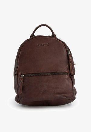 Dunkelbrauner Leder-Rucksack mit Tragegriff oben, Vorderreißverschluss-Tasche und geprägtem "Venezia"-Logo auf der oberen Vorderseite.