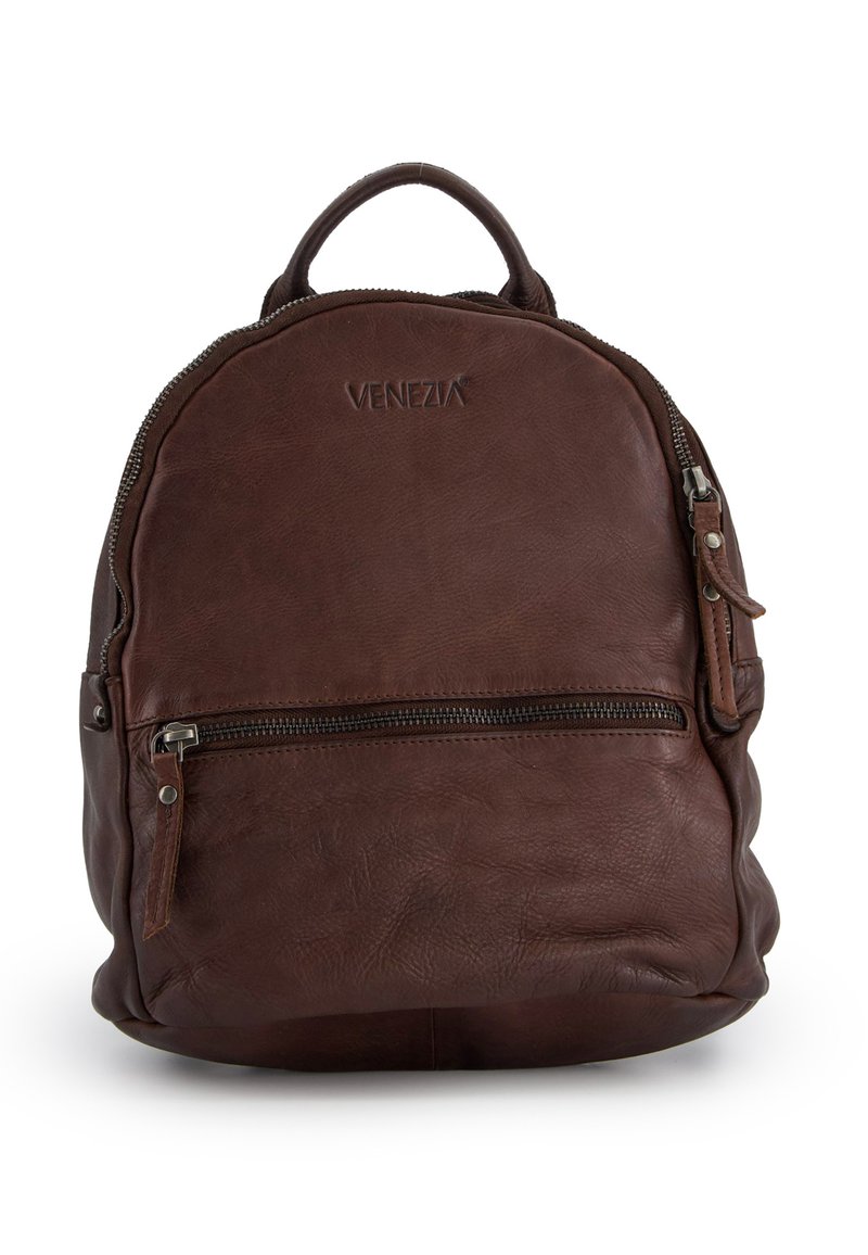 Dunkelbrauner Leder-Rucksack mit Tragegriff oben, Vorderreißverschluss-Tasche und geprägtem "Venezia"-Logo auf der oberen Vorderseite.
