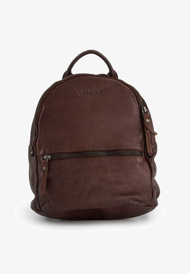 Dunkelbrauner Leder-Rucksack mit Tragegriff oben, Vorderreißverschluss-Tasche und geprägtem "Venezia"-Logo auf der oberen Vorderseite.