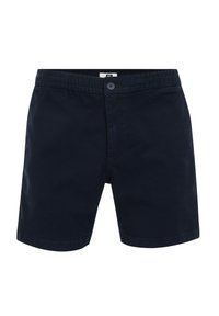 Shorts bleu marine fabriqués dans un tissu léger, dotés d'une fermeture à bouton, d'une taille élastique et de poches latérales. Entrejambe court avec une texture lisse.