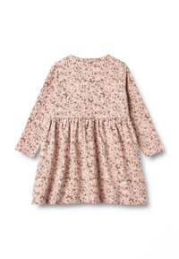 Vestido de algodón de manga larga en rosa suave con un patrón floral. Cuenta con cintura fruncida y escote redondo. Tejido ligero y con textura.