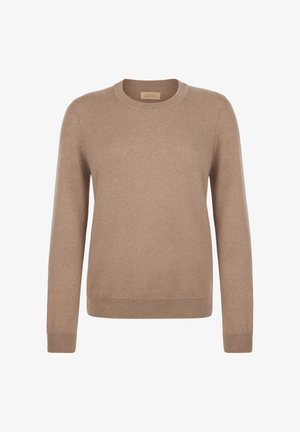 Beżowy sweter wykonany z miękkiej dzianiny. Posiada okrągły dekolt, długie rękawy oraz ściągacze u dołu i na rękawach. Prosty, klasyczny design.