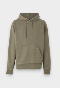 Olivgrüner Kapuzenpullover mit strukturiertem Finish, vordertasche in Känguru-Form und gerippten Bündchen sowie Saum. Mit Zugband zur Anpassung der Kapuze.