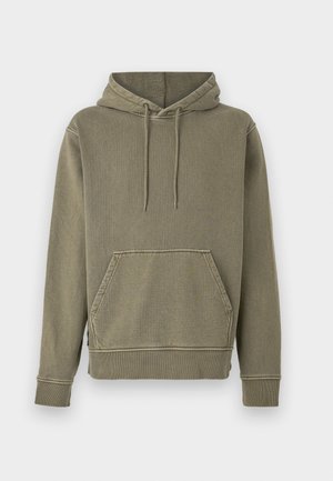 Olive green hooded sweatshirt with a textured finish, front kangaroo pocket, and ribbed cuffs and hem. Features drawstring for hood adjustment.