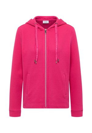 Lyserød lynlåstrøje med tekstureret stof, justerbare snore, forlommer og lange ærmer.