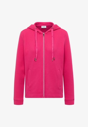 Felpa con cappuccio rosa acceso con zip, tessuto strutturato, coulisse regolabili, tasche frontali e maniche lunghe.