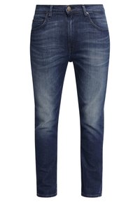 Tummansiniset farkut suoranlahkeisella muotoilulla, jossa on nappisuljenta, viisi taskua ja hienovarainen kuluminen leyhyissä.