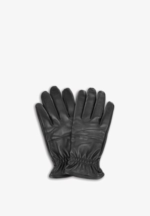 Czarne skórzane rękawiczki o gładkiej fakturze, z marszczonym elastycznym mankietem, z pięcioma palcami o klasycznym kształcie. Brak widocznego logo.