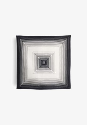 Schwarz-weißes quadratisches Halstuch mit konzentrischen rechteckigen Mustern und glatter Textur. Die Ränder sind in solidem Schwarz eingefasst.