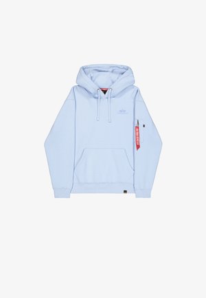 Jasnoniebieska bluza z kapturem wykonana z mieszanki bawełny, z przednią kieszenią, kapturem ze sznurkiem, boczną kieszenią na zamek oraz naszywką z logo na klatce piersiowej.