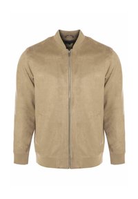 Giubbotto bomber beige in suede, con chiusura a zip, polsini a coste, tasche laterali e colletto rotondo. Texture liscia in tutto il capo.