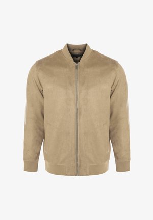 Beige bomber jacket made of suede, featuring a zip closure, ribbed cuffs, side pockets, and a rounded collar. Smooth texture throughout.