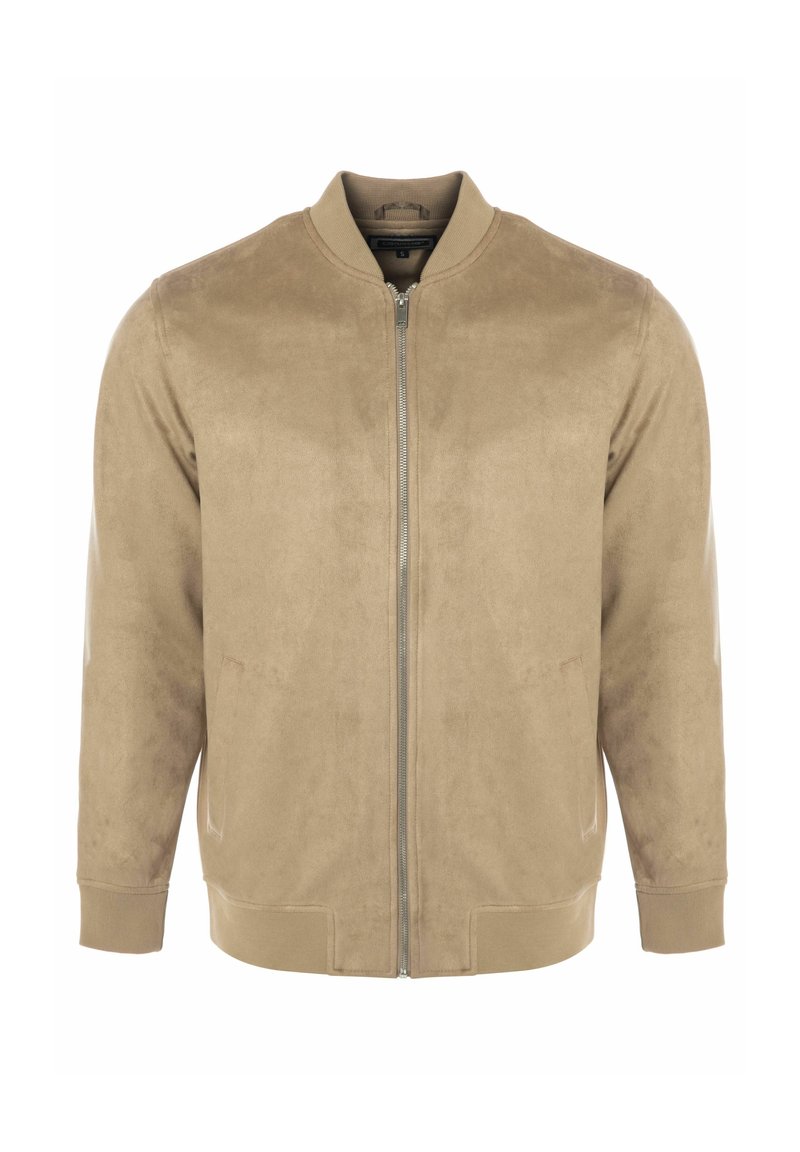 Giubbotto bomber beige in suede, con chiusura a zip, polsini a coste, tasche laterali e colletto rotondo. Texture liscia in tutto il capo.