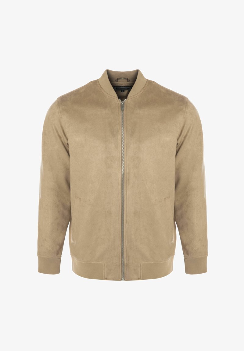 Giubbotto bomber beige in suede, con chiusura a zip, polsini a coste, tasche laterali e colletto rotondo. Texture liscia in tutto il capo.