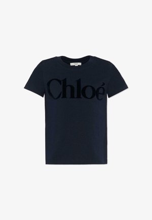 Navy katoenen T-shirt met het woord "Chloé" in zwarte velours aan de voorkant, met korte mouwen en een ronde hals.