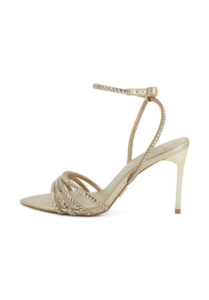 Sandalo beige con tacco alto, con sottili cinturini intrecciati che si incrociano sulle dita dei piedi e cinturino alla caviglia con una piccola fibbia.