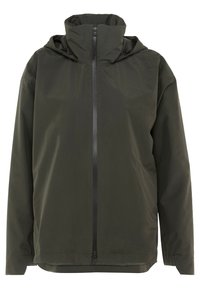 Mørkegrøn vandtæt jakke med høj krave og justerbar hætte. Har en frontlynlås og elastiske ærmekanter. Glat tekstur, afslappet pasform.