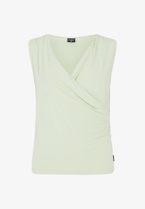Top bez rukávů ve stylu wrap v světle zelené barvě, vyrobený z jemné a elastické látky s nařaseným detailem na boku pro přiléhavý vzhled.