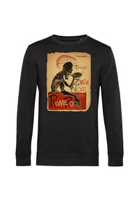 Černá mikina s vintage stylovým grafickým potiskem zombie držícího mozek, v béžových a červených barvách a výraznými textovými prvky.