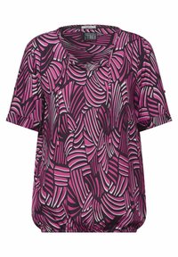 Paarse top met een gedurfde roze en witte abstracte print. Korte mouwen en eenGathered hem zorgen voor een ontspannen pasvorm. Lichtgewicht stof.