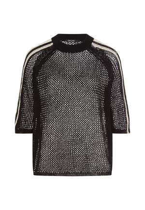 Schwarzer, kurzärmliger Pullover mit offenem Strickmuster, Rundhalsausschnitt und weißen sowie beigen Streifen an den Ärmeln.