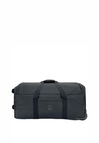 Black duffel bag with a durable fabric, rectangular shape, top grab handles, and side zipper pocket. Features logo on the front.