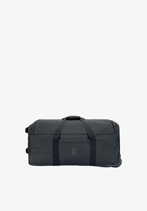 Crni duffle torba izrađena od izdržljivog materijala, pravokutnog oblika, sa gornjim ručkama i bočnim džepom na zatvarač. Sadrži logo na prednjoj strani.
