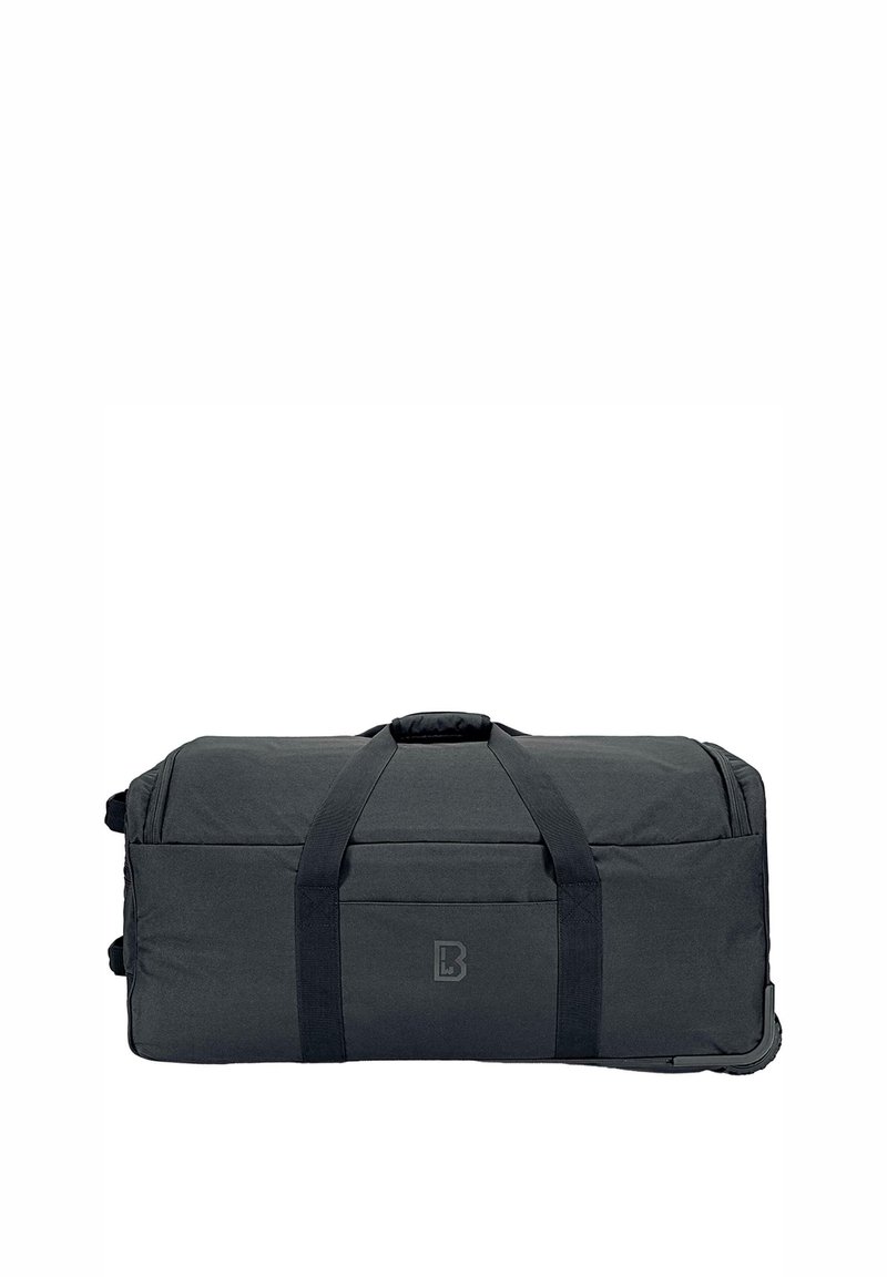 Black duffel bag with a durable fabric, rectangular shape, top grab handles, and side zipper pocket. Features logo on the front.