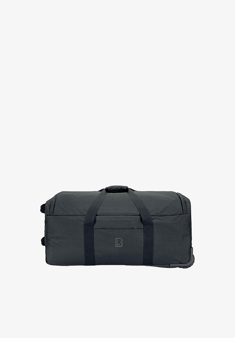 Black duffel bag with a durable fabric, rectangular shape, top grab handles, and side zipper pocket. Features logo on the front.