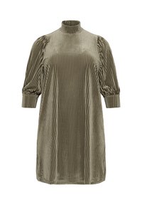 Olijfgroen, geribbelde jurk met hoge hals en pofmouwen, met een relaxed fit en gestructureerde stof. Veraccentueerd met verticale strepen.