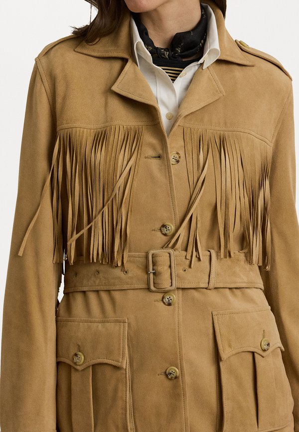 FRINGE TRIM BELTED GOAT SUEDE JACKET - Leather jacket - camel3