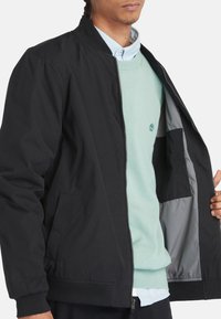 Giubbotto bomber nero con cerniera, tasche laterali e polsini a costine. Indossato sopra un maglione verde chiaro e una camicia blu con colletto.