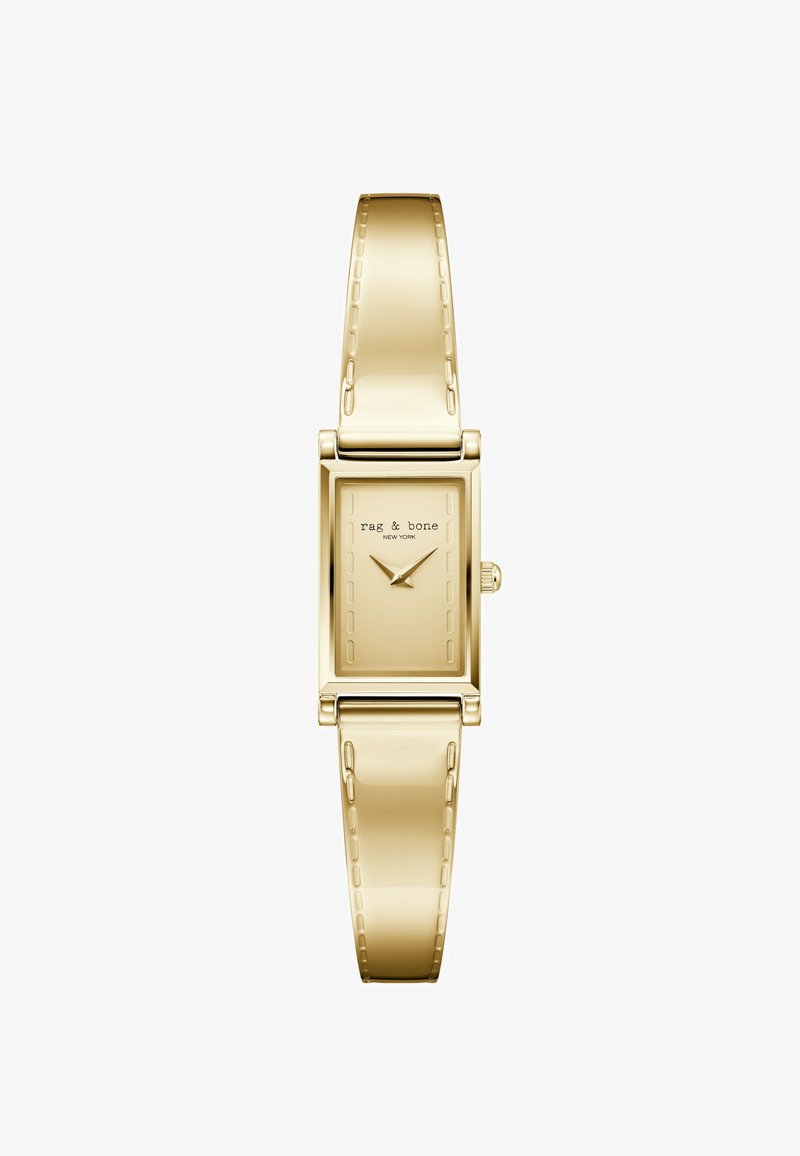 Guld rektangulært ur med et glat metalarmbånd i guldfarve. Urets skive har minimalistiske timeindikatorer og en logo, med en lys beige baggrund.