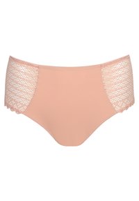 Rosa bikiniunderdel med slät tygfront och spetsdetaljer på sidorna med en vågig kant. Designad för komfort och stil.