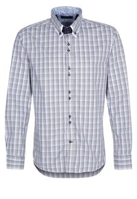 Košile s límečkem na knoflíky v bílo-modro-hnědém károvaném vzoru. Má dlouhé rukávy, modré knoflíky a vzorované detaily na vnitřním límečku.
