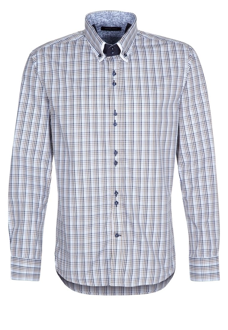 Košile s límečkem na knoflíky v bílo-modro-hnědém károvaném vzoru. Má dlouhé rukávy, modré knoflíky a vzorované detaily na vnitřním límečku.
