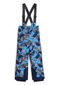 Blauwe en grijze camouflage skibroek met verstelbare zwarte bretels, versterkte pijpen en twee zijzakken. Gemaakt van waterafstotend materiaal.