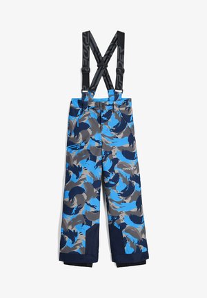 Pantalons de ski camouflage bleus et gris avec des bretelles noires ajustables, des poignets renforcés et deux poches latérales. Fabriqués en matériau résistant à l'eau.