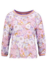 Langsleeve paarse top met een bloemenpatroon in roze, wit en oranje, met een geribbelde kraag en manchetten met paarse en gele strepen.