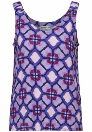 Ärmös lila tanktop med ett geometriskt mönster i rosa och mörkblått. Tyget har en slät textur med en rund halsringning.