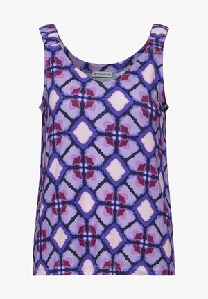 Mouwloze paarse tanktop met een geometrisch patroon in roze en donkerblauw. De stof heeft een soepel textuur en een ronde halslijn.